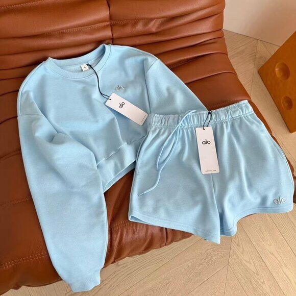 ALO Yoga Tops - ALO Yoga Light Blue Cropped Sweatshirt and Drawstring Shorts Set